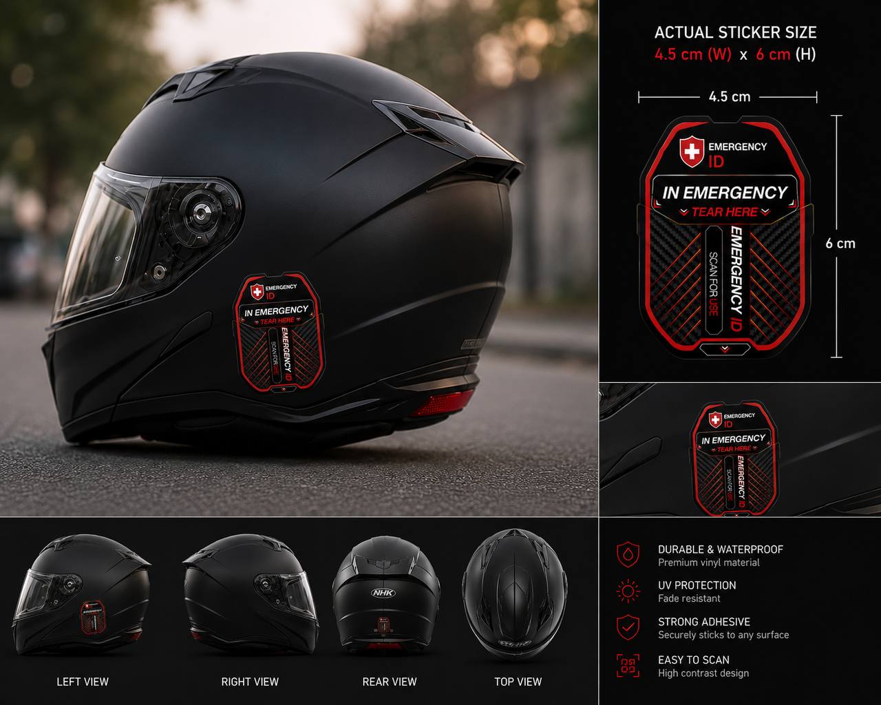 Emergency ID sticker on motorcycle helmet — actual size 4.5 cm x 6 cm